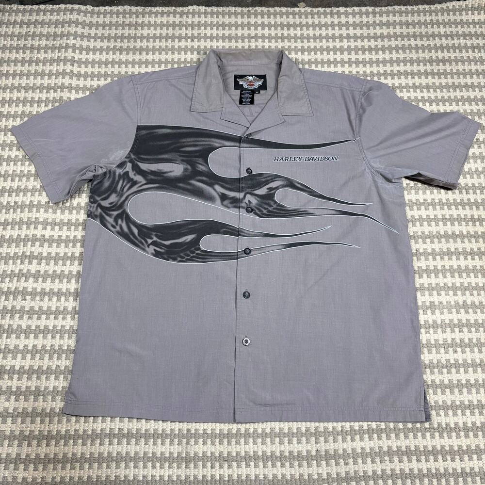 Harley-Davidson Men's XL Gray‎ Short Sleeve Flame Skull Graphic Button Up Shirt